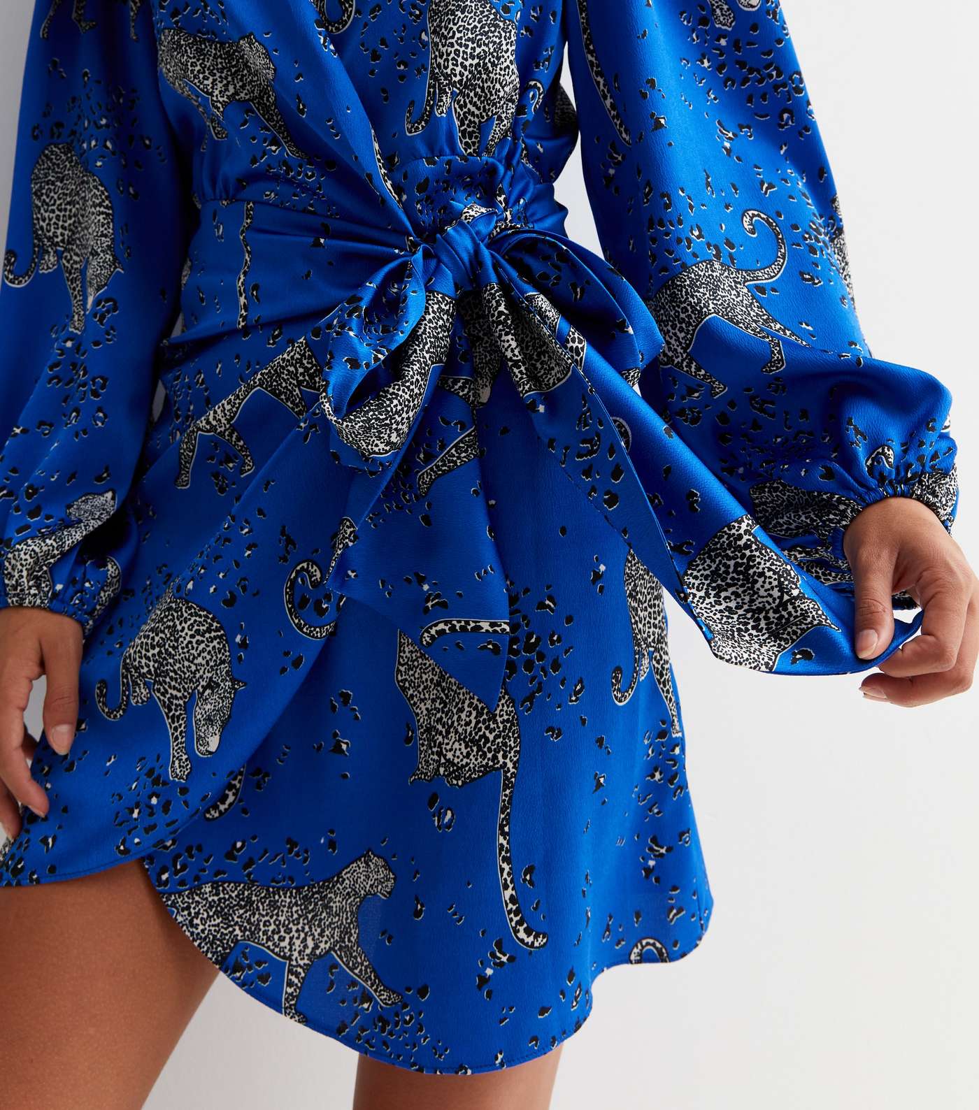 Blue Satin Leopard Print Long Sleeve Mini Wrap Dress Image 3