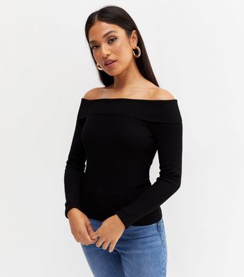 Petite Black Bardot Long Sleeve Jumper New Look