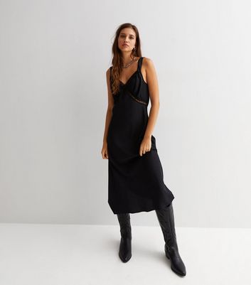 Black Animal Jacquard Satin Lace Trim Midi Slip Dress