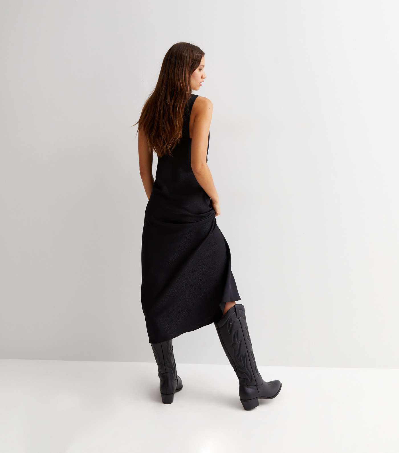 Black Animal Jacquard Satin Lace Trim Midi Slip Dress Image 4