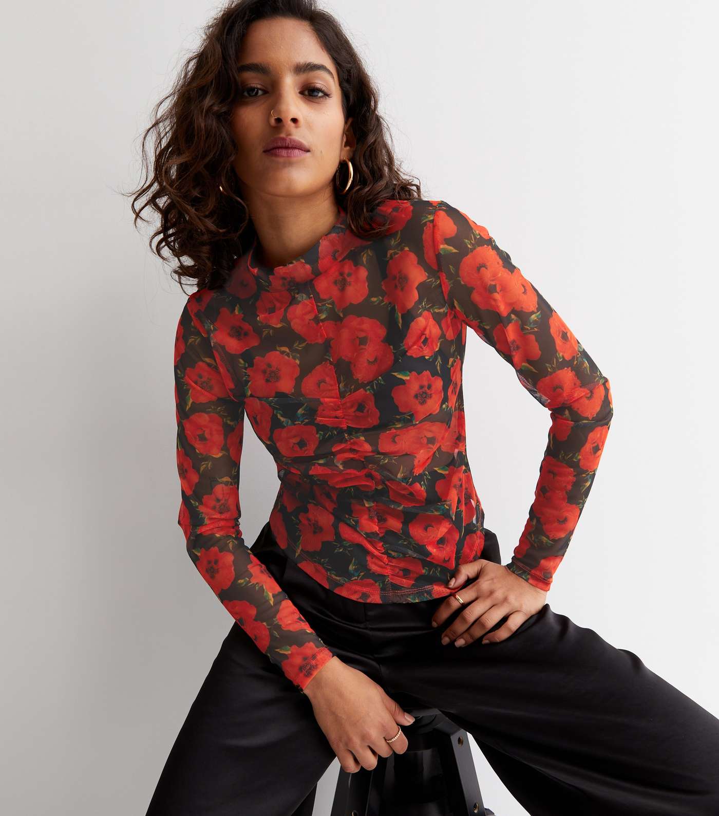 Petite Red Floral Mesh Ruched Long Sleeve Top