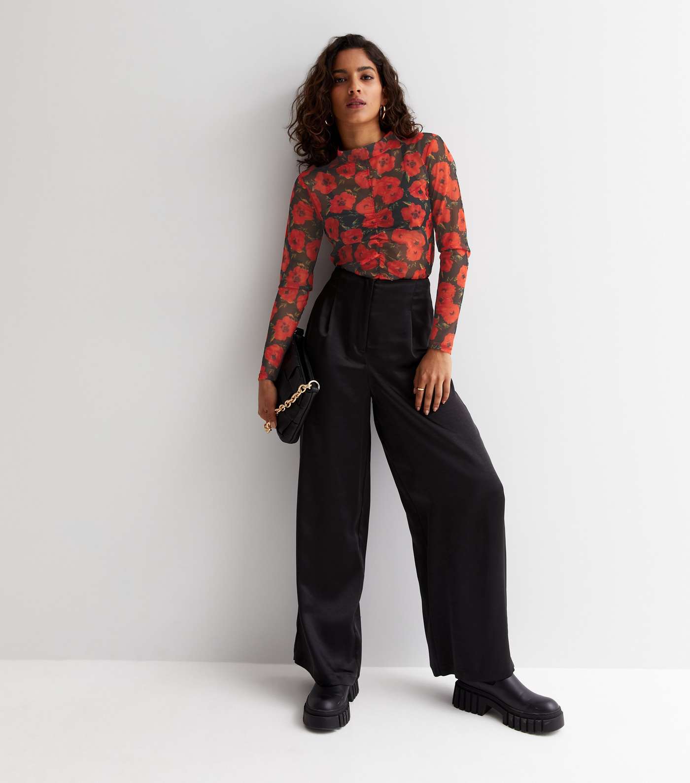 Petite Red Floral Mesh Ruched Long Sleeve Top Image 3