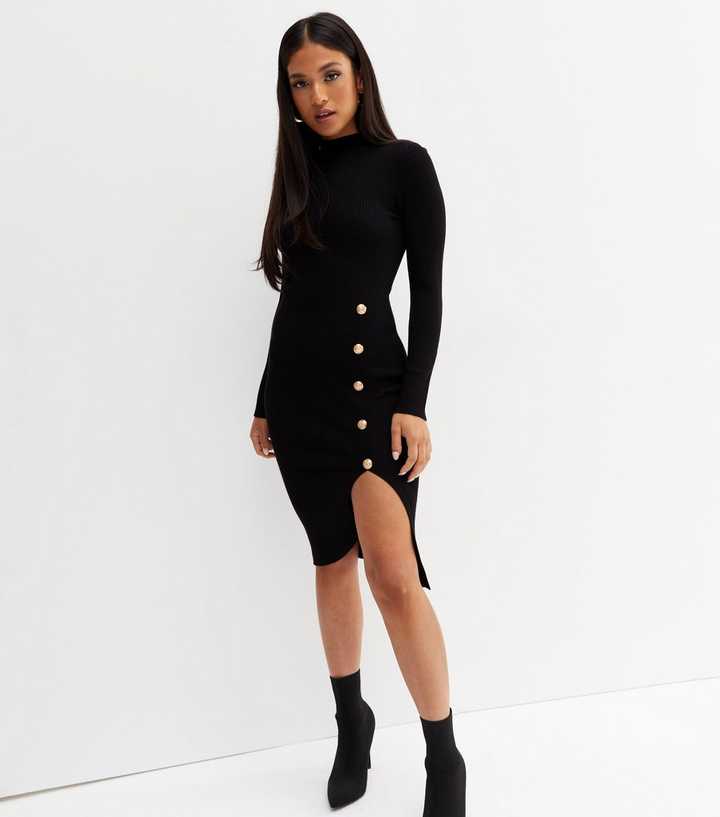 Petite Black Ribbed Knit Button Mini Dress | New Look
