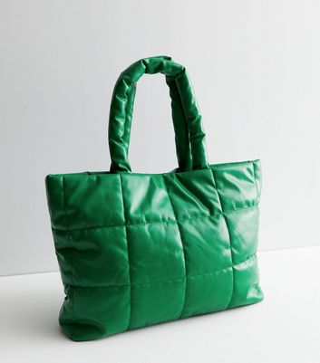 Green Leather-Look Quilted Puffer Tote Bag