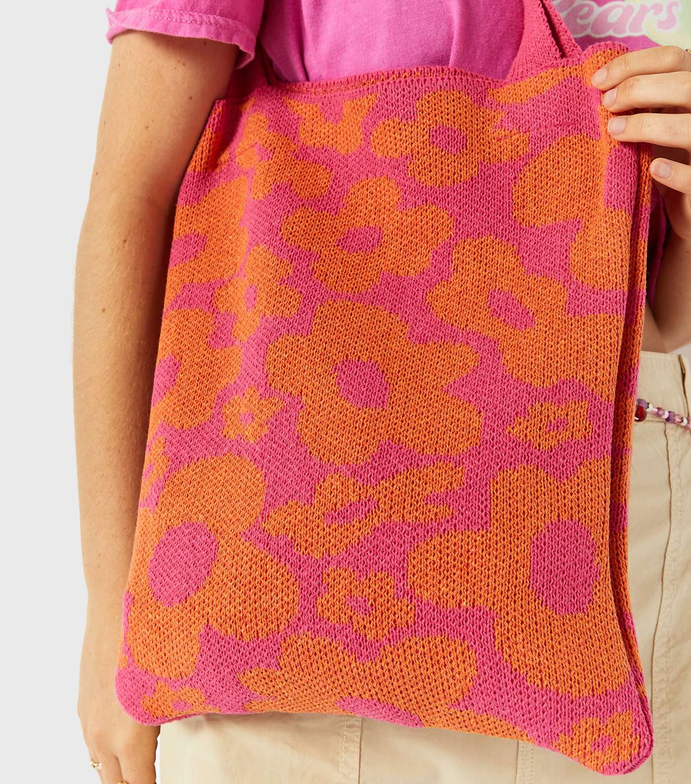 Skinnydip Mid Pink Retro Daisy Knit Tote Bag