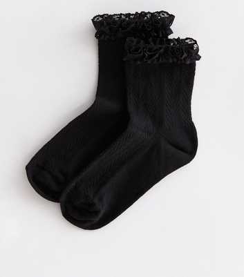 Girls Black Cable Knit Lace Trim Socks