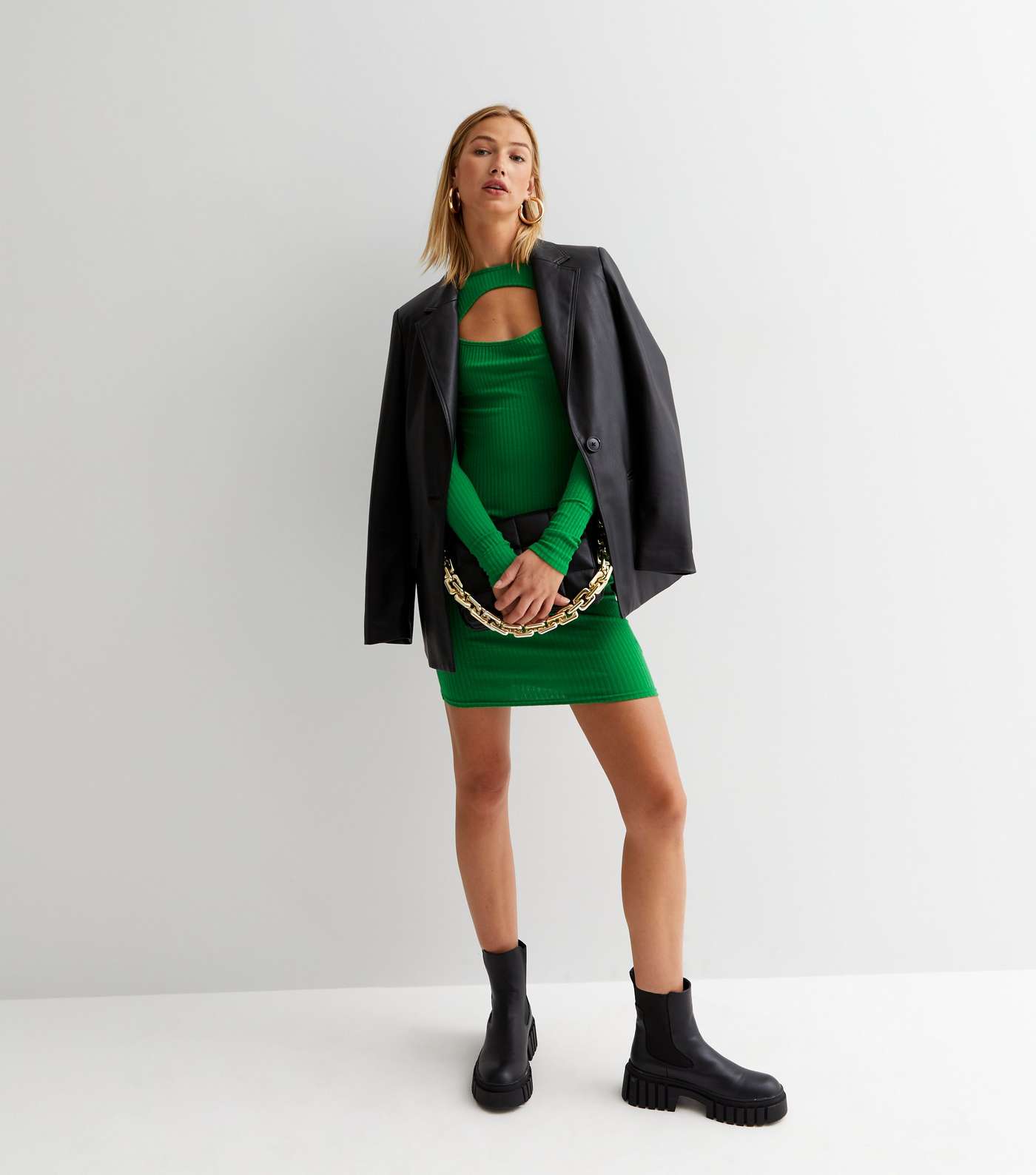 Green Ribbed Jersey Cut Out Bodycon Mini Dress