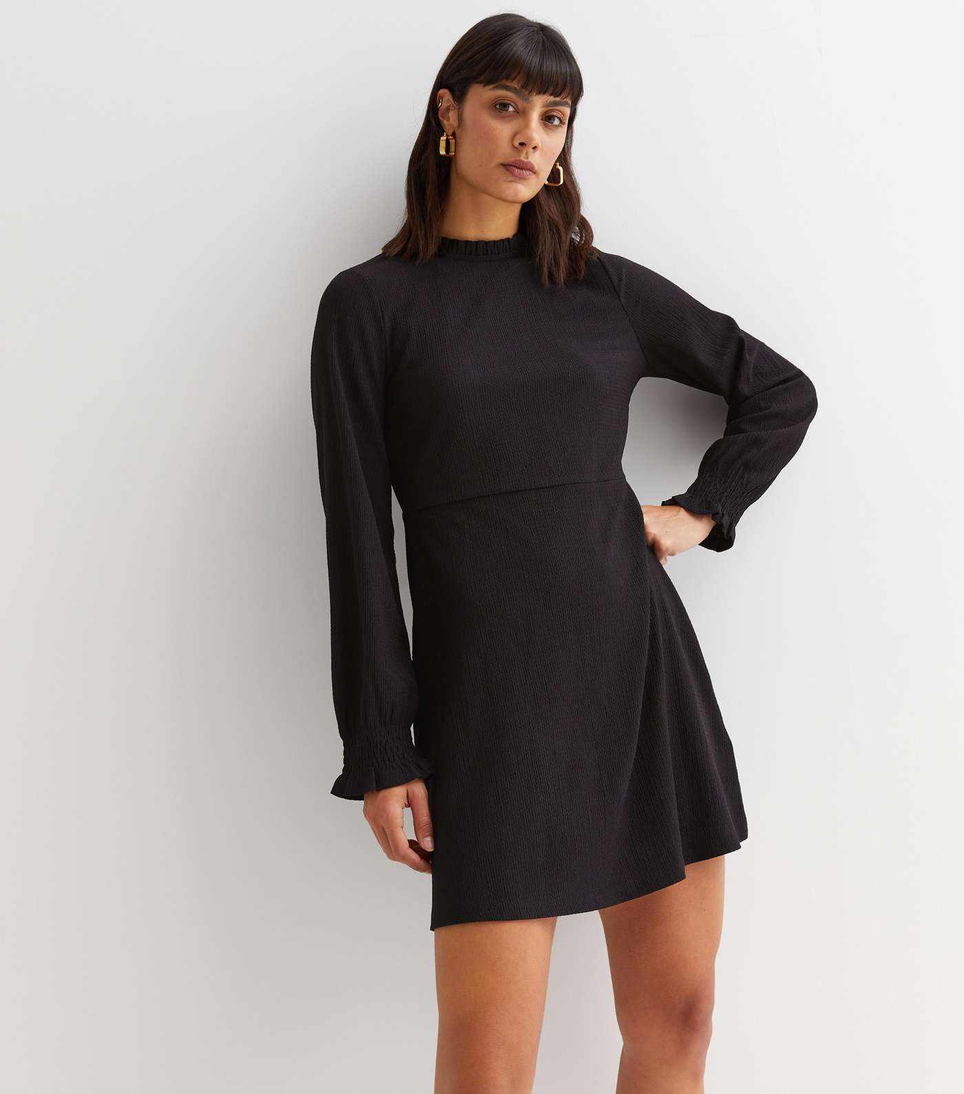 Black Crinkle Jersey High Neck Long Sleeve Mini Dress