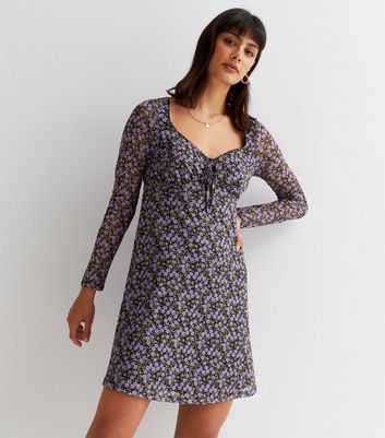 Purple Ditsy Floral Mesh Lace Trim Long Sleeve Mini Dress