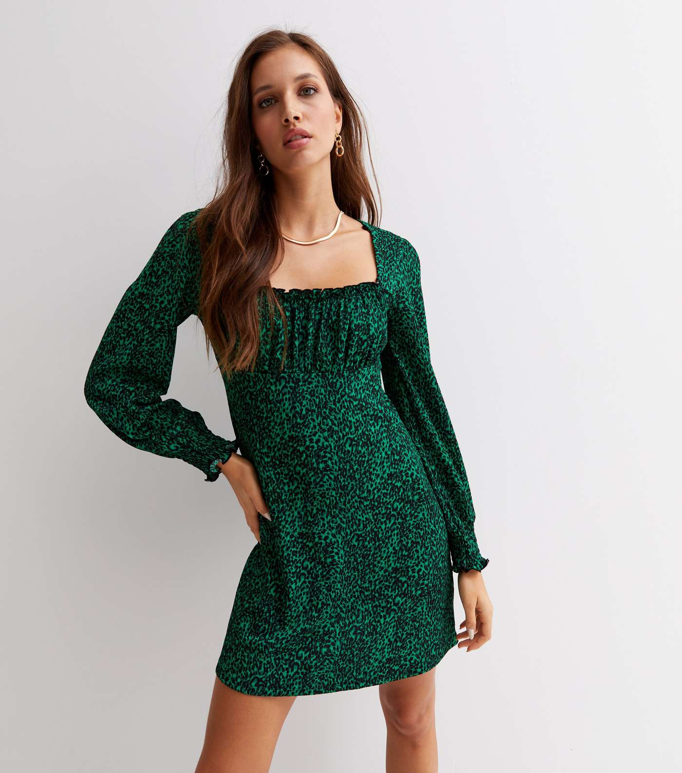 Green Leopard Print Crinkle Long Sleeve Milkmaid Mini Dress