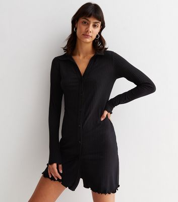 Long Sleeve Frill Mini Shirt Dress 