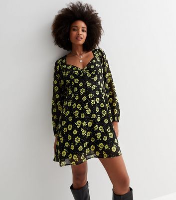 Black Floral Chiffon Long Puff Sleeve Milkmaid Mini Dress