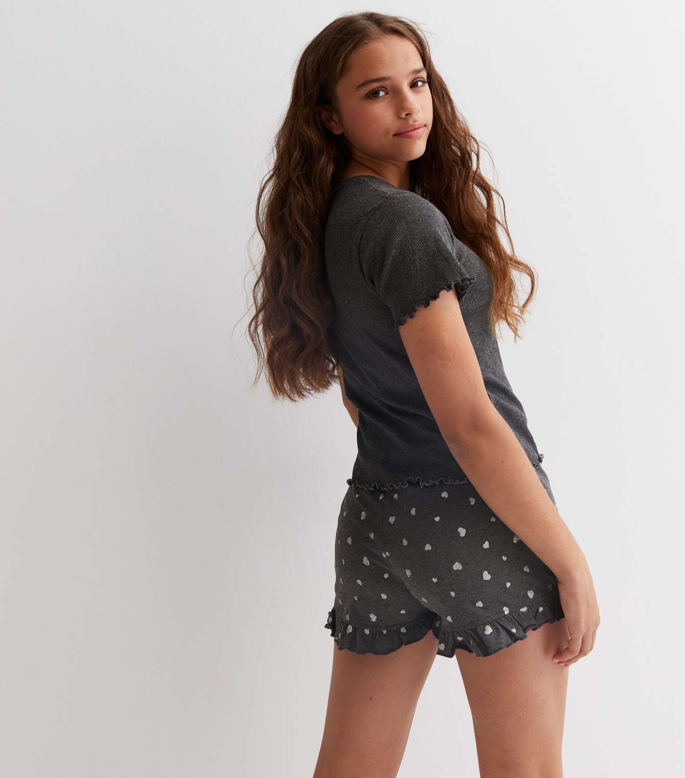 Girls Light Grey Babylock T-Shirt Pyjama Set with Heart Print Image 4