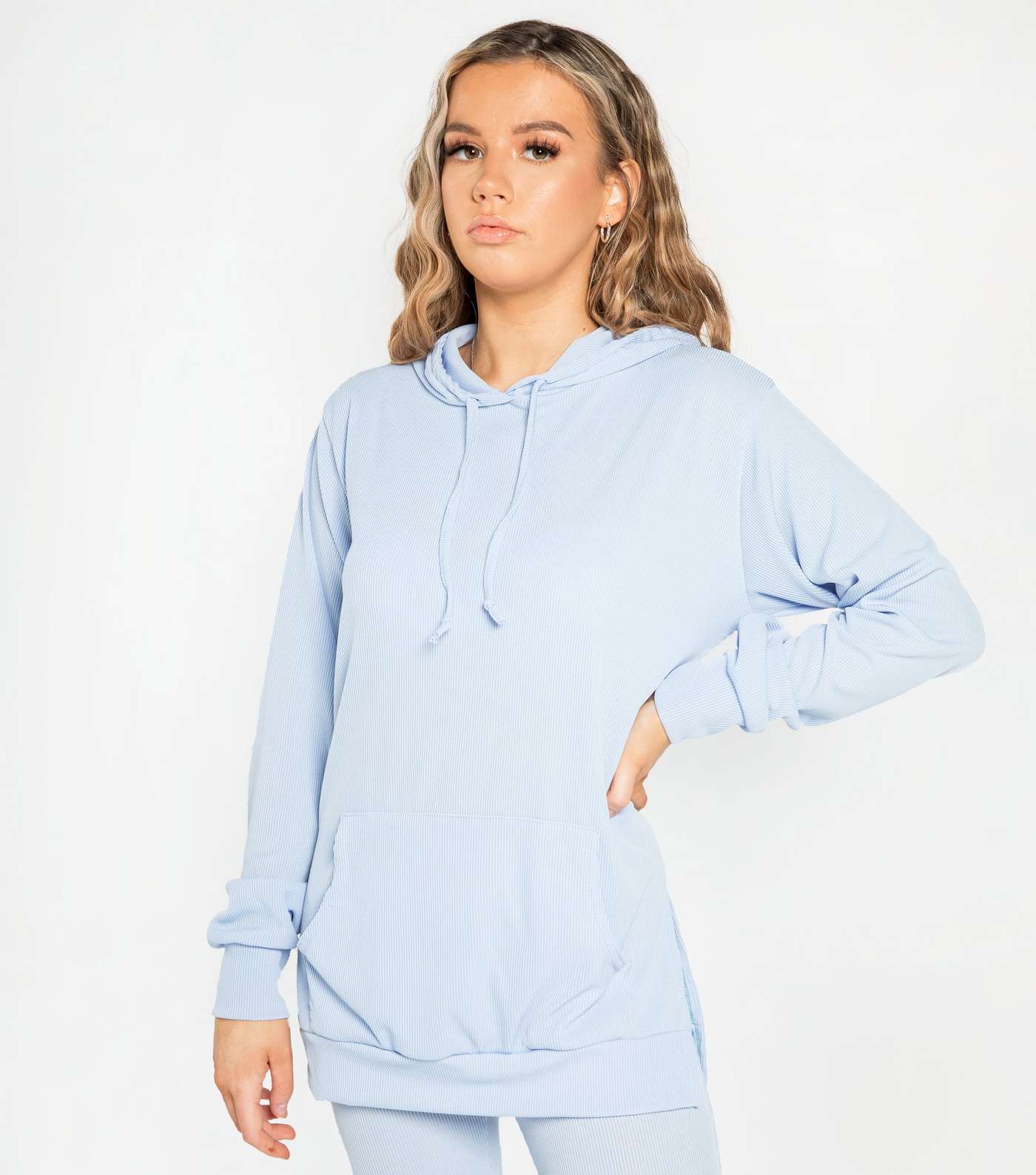 JUSTYOUROUTFIT Pale Blue Ribbed Split Hoodie and Flared Trousers Set Image 2