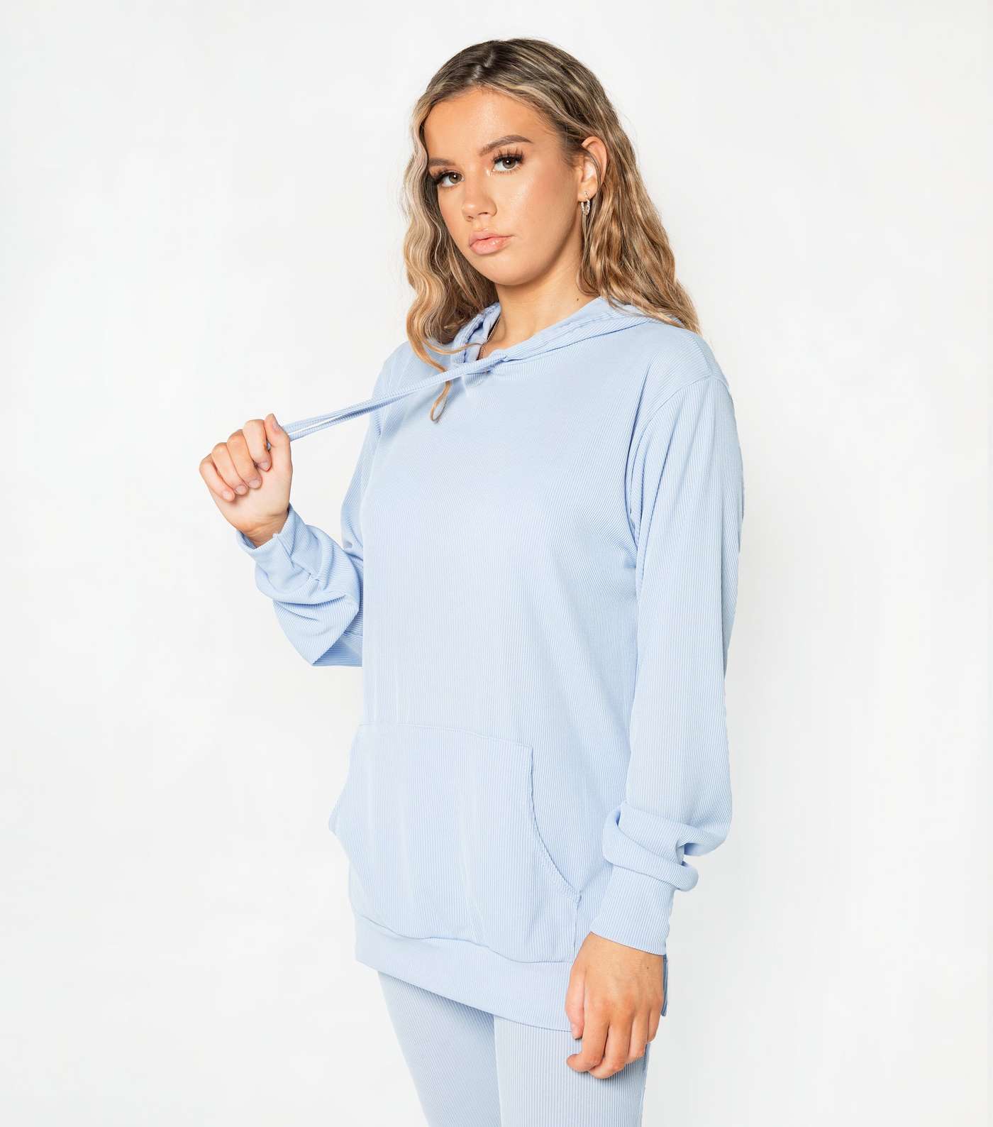 JUSTYOUROUTFIT Pale Blue Ribbed Split Hoodie and Flared Trousers Set Image 4