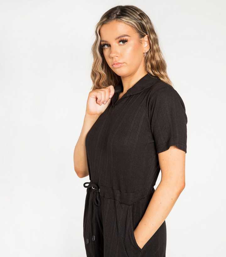 JUSTYOUROUTFIT Black Ribbed Collared Drawstring Jumpsuit | New Look
