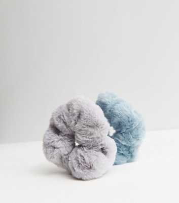 2 Pack Blue and Grey Faux Fur Scrunchies