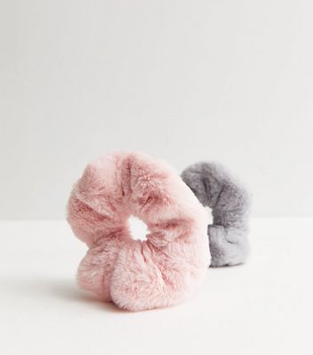 2 Pack Pink and Grey Faux Fur Scrunchies