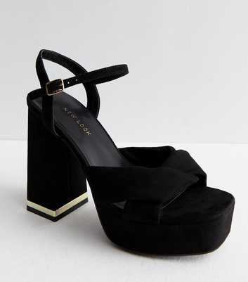 Black Suedette Knot Strap Block Heel Sandals