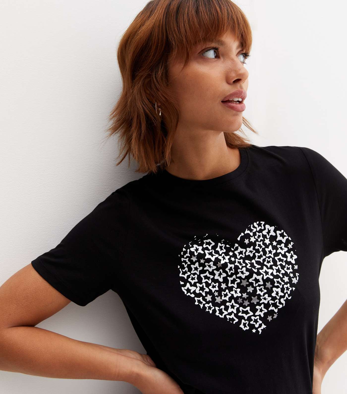 Black Metallic Star Heart Print Logo T-Shirt