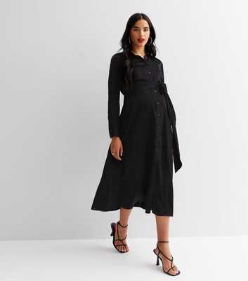Maternity Black Satin Long Sleeve Belted Midi Shirt Dress
