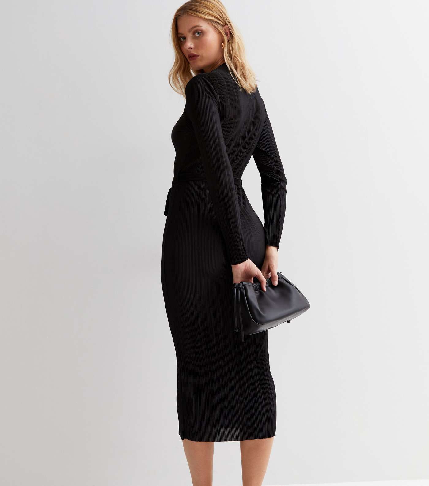 Black Plissé Long Sleeve Belted Midi Dress Image 4