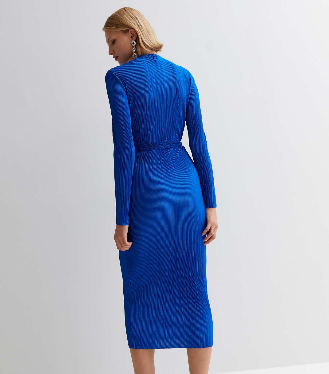 Bright Blue Plissé Long Sleeve Belted Midi Dress Image 4