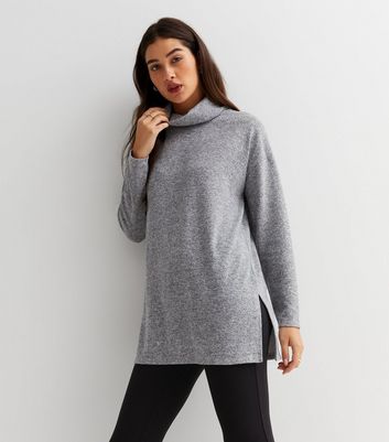 Pale Grey Brushed Knit Cowl Neck Long 