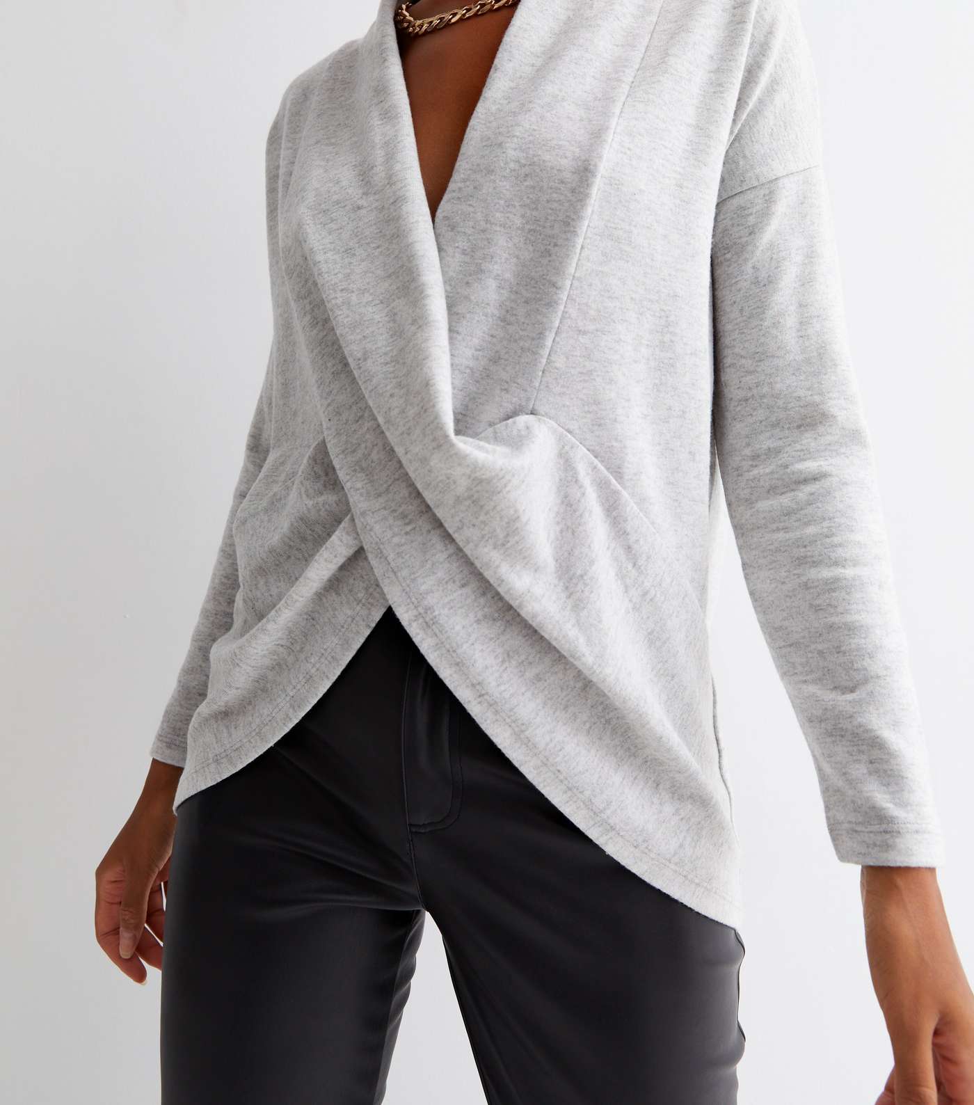 Pale Grey Soft Fine Knit Cowl Neck Long Sleeve Wrap Top Image 3