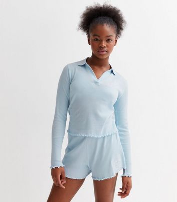 Girls Blue Ribbed Jersey Collared Top and Shorts Lounge Set