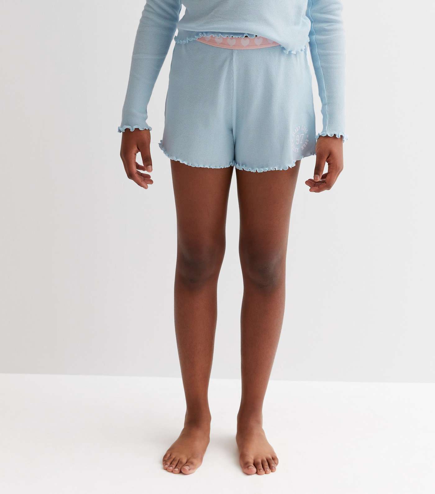 Girls Blue Ribbed Jersey Collared Top and Shorts Lounge Set Image 3