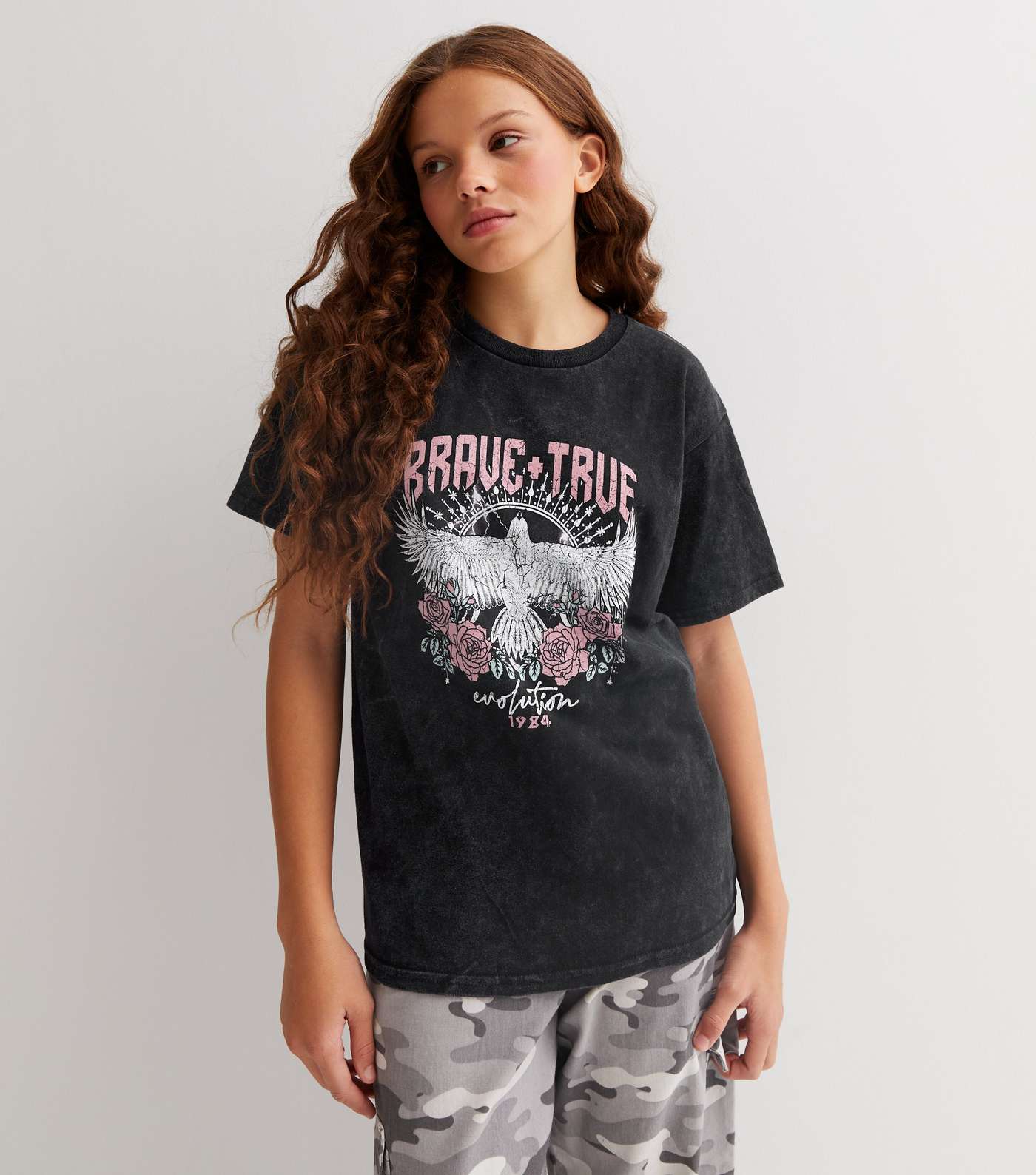 Girls Black Eagle Brave Acid Wash Logo Long T-shirt Image 2