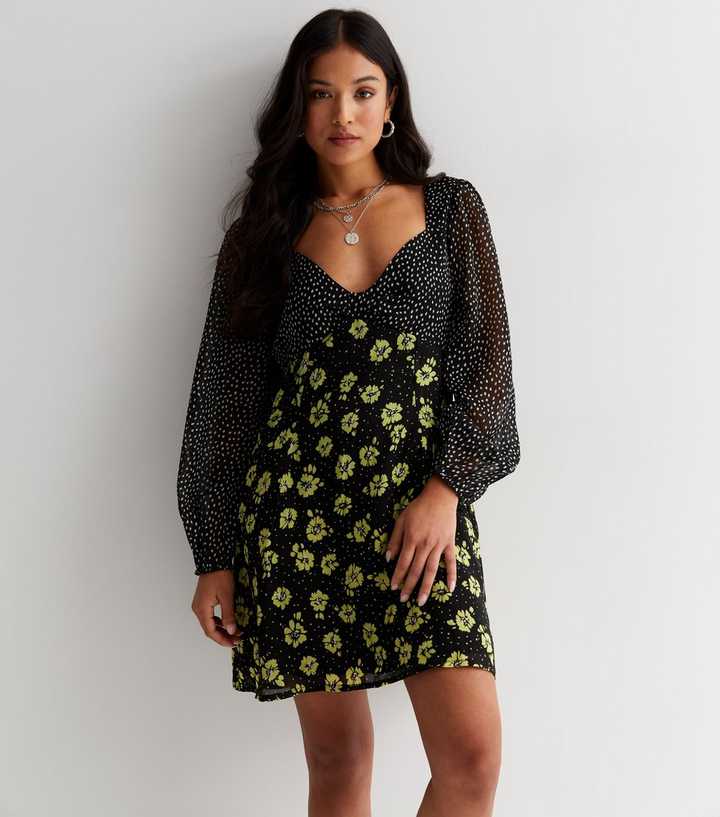 New Look Chiffon Mini Dress in Black Polka Dot