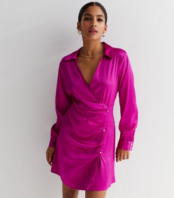 Petite Mid Pink Satin Collared Button Side Mini Shirt Dress New Look