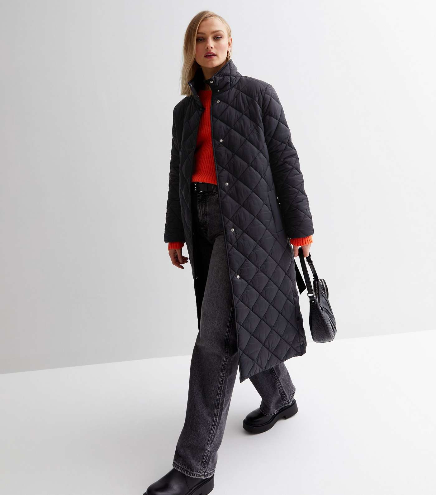 Black Quilted Belted Long Puffer Coat