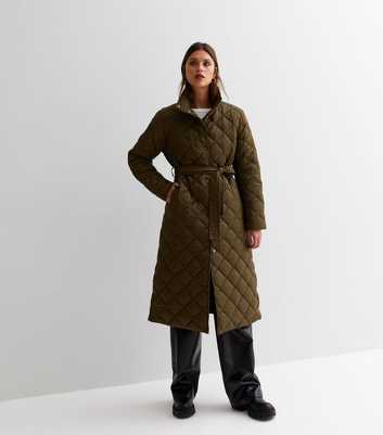 Khaki Quilted Belted Long Puffer Coat