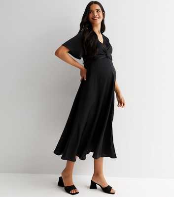 Maternity Black Satin Twist Front Short Sleeve Midi Dress