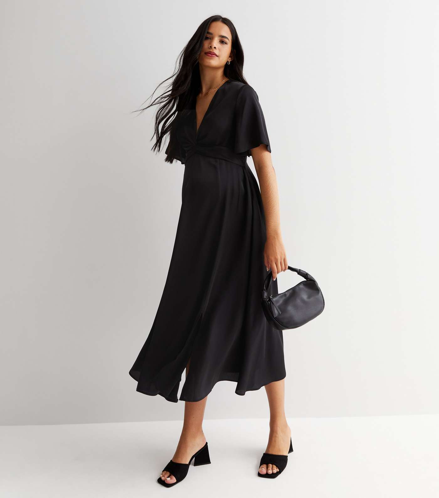 Maternity Black Satin Twist Front Short Sleeve Midi Dress Image 2