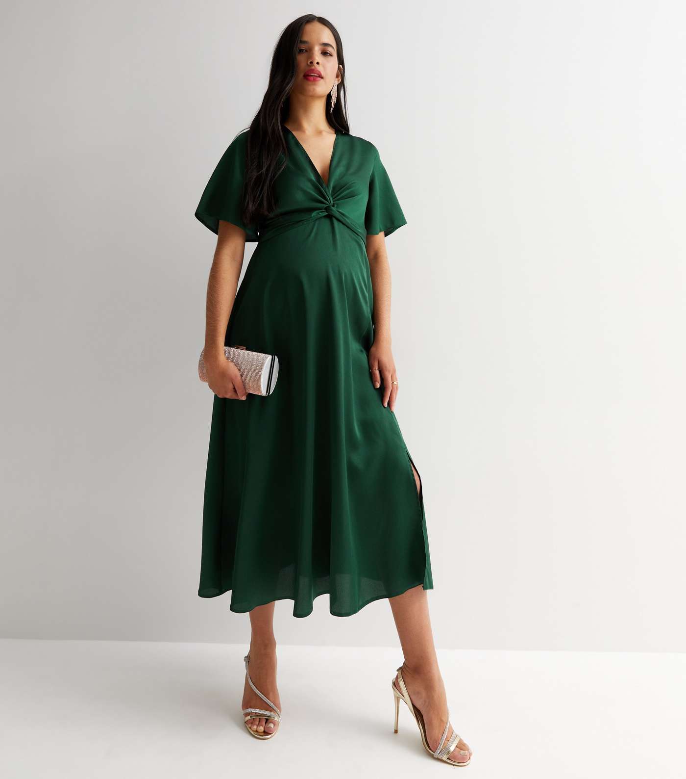 Maternity Dark Green Satin Twist Front Short Sleeve Midi Dress