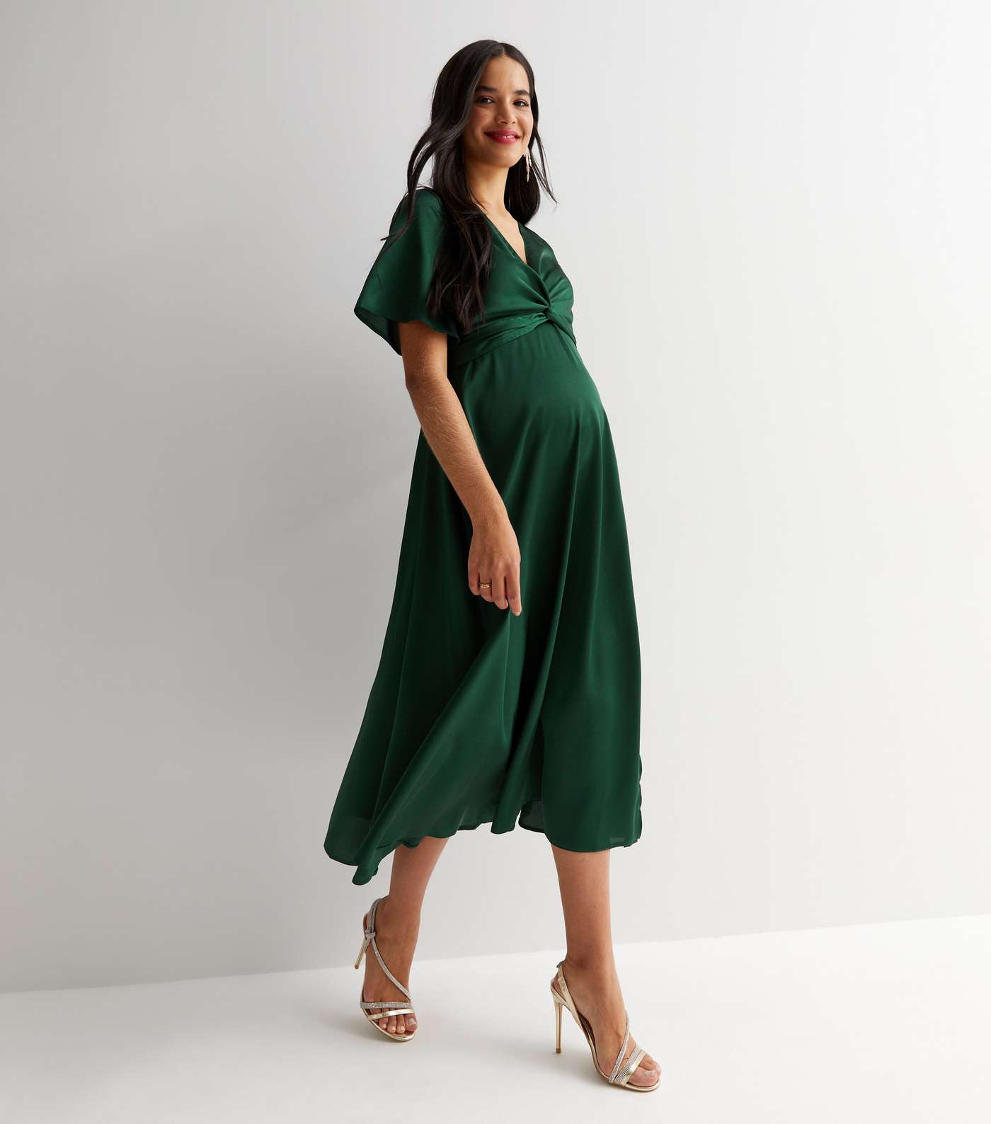 Maternity Dark Green Satin Twist Front Short Sleeve Midi Dress Image 3