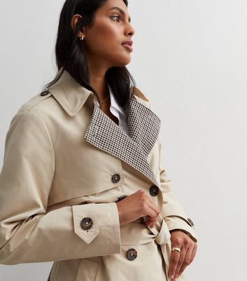 Stone Check Collared Belted Trench Coat New Look