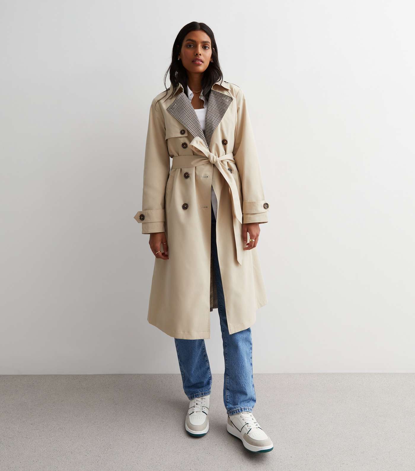 Stone Check Collared Belted Trench Coat Image 2