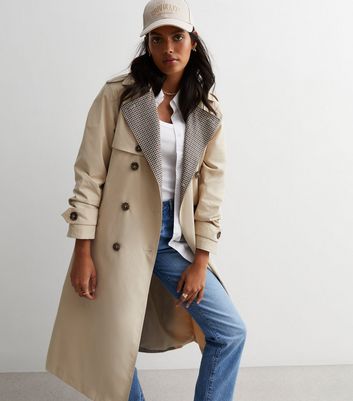 Stone Check Collared Belted Trench Coat New Look