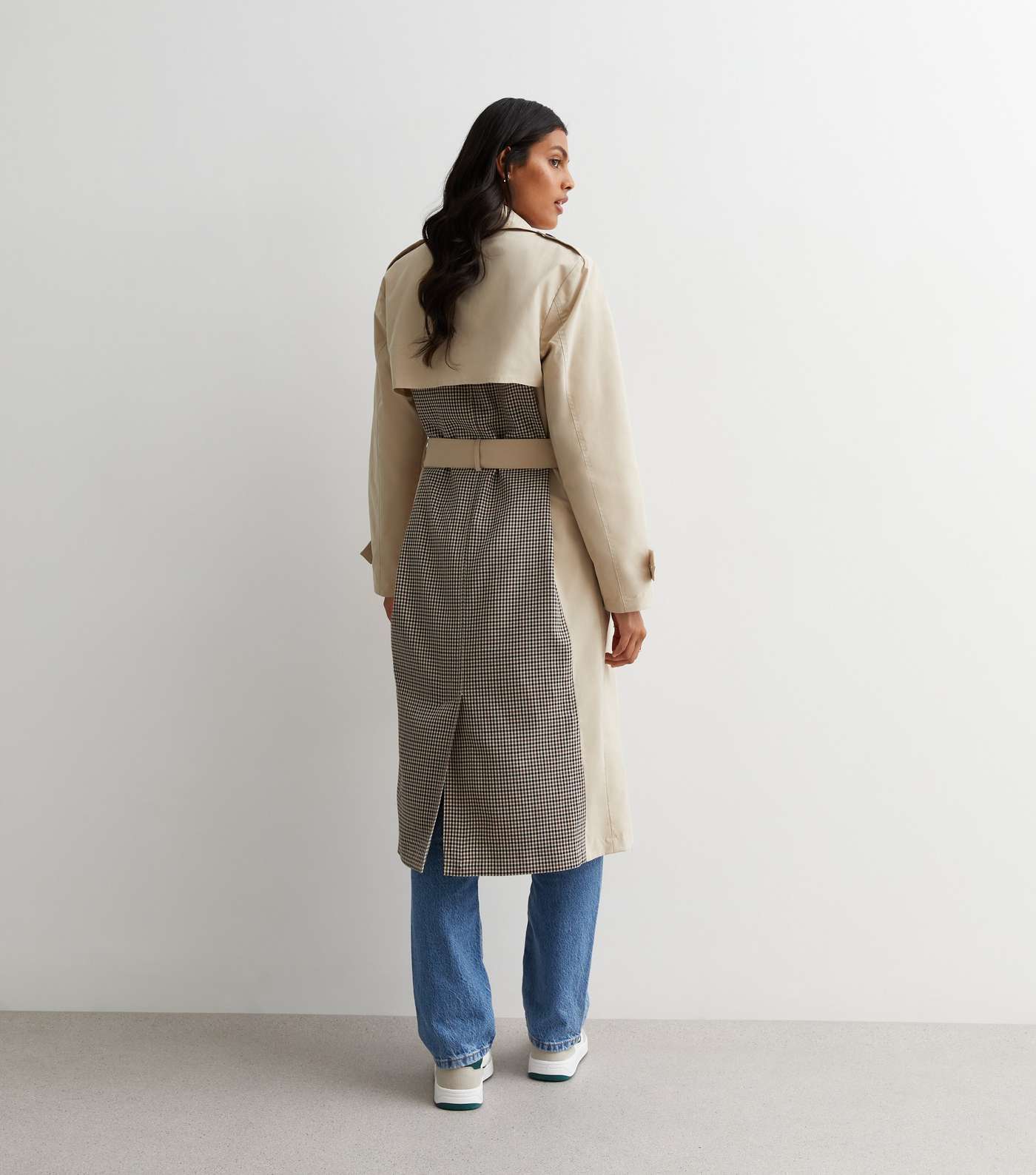 Stone Check Collared Belted Trench Coat Image 4