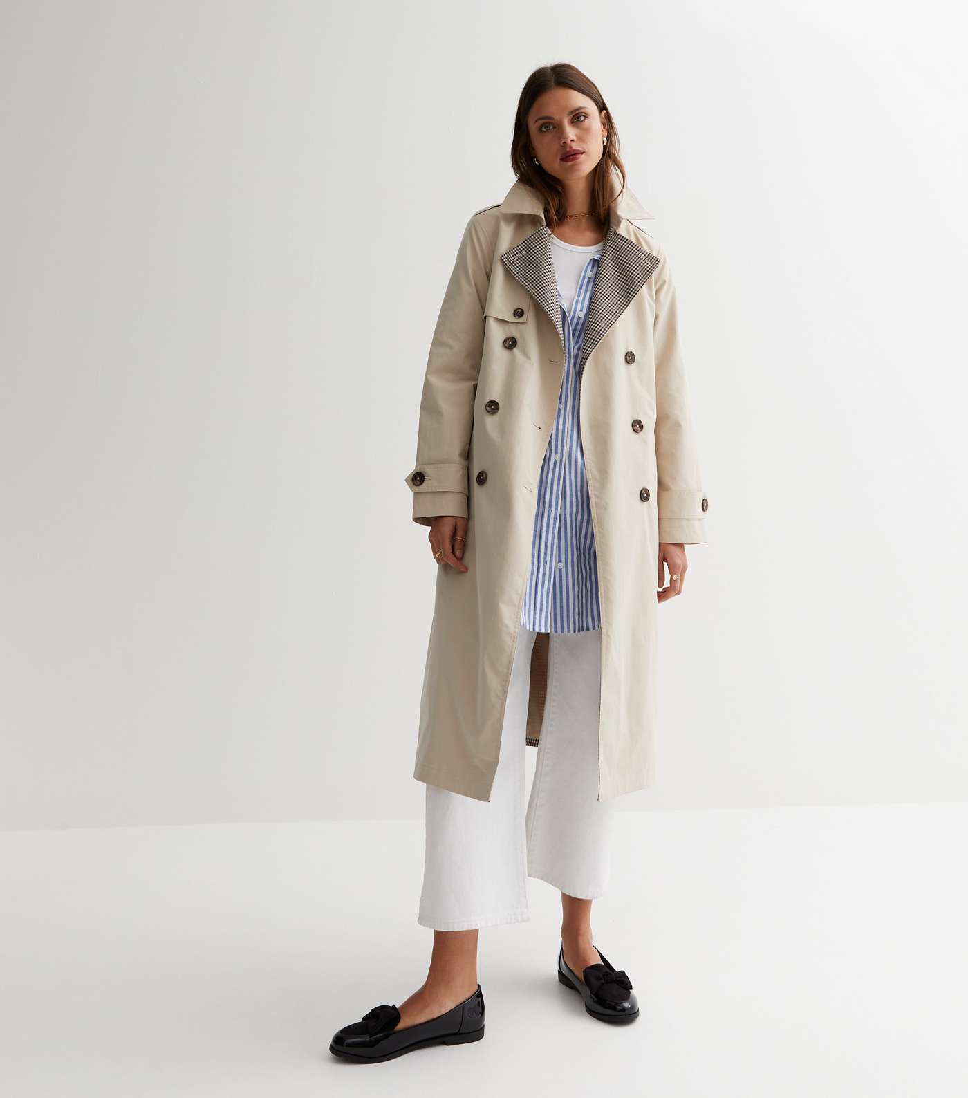 Camel Check Revere Collar Belted Trench Coat Image 2