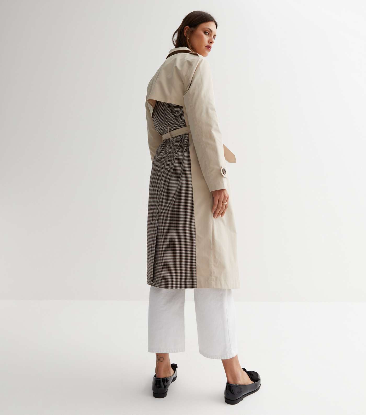 Camel Check Revere Collar Belted Trench Coat Image 4