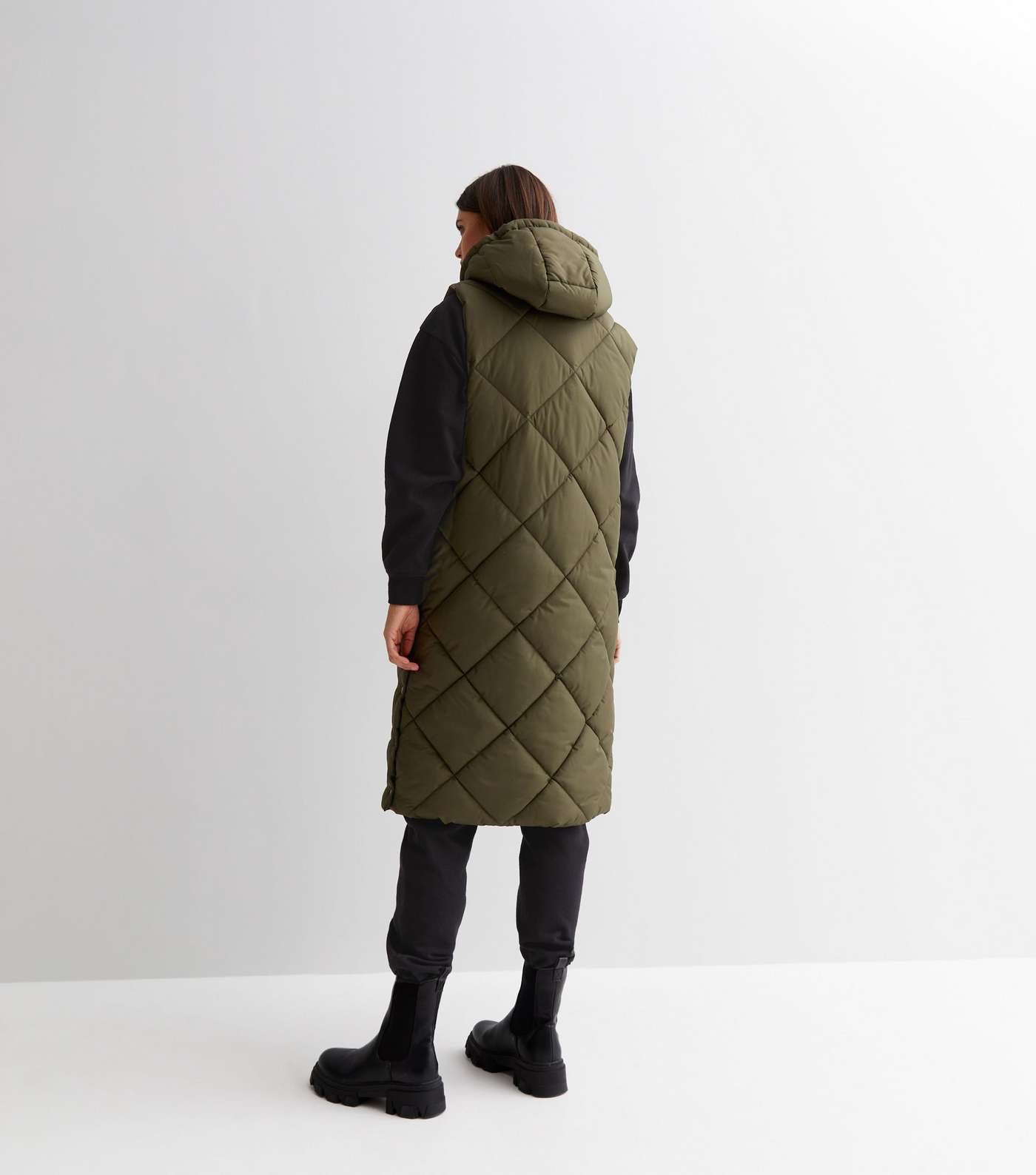 Khaki Diamond Quilted Long Hooded Puffer Gilet Image 4