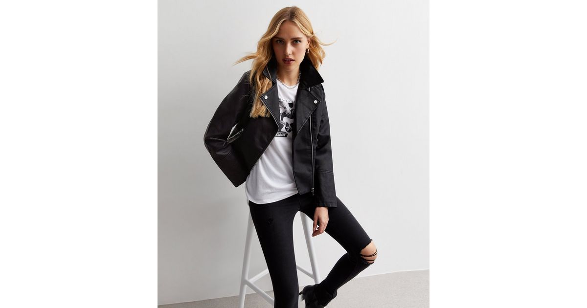 Black LeatherLook Quilted Biker Jacket New Look