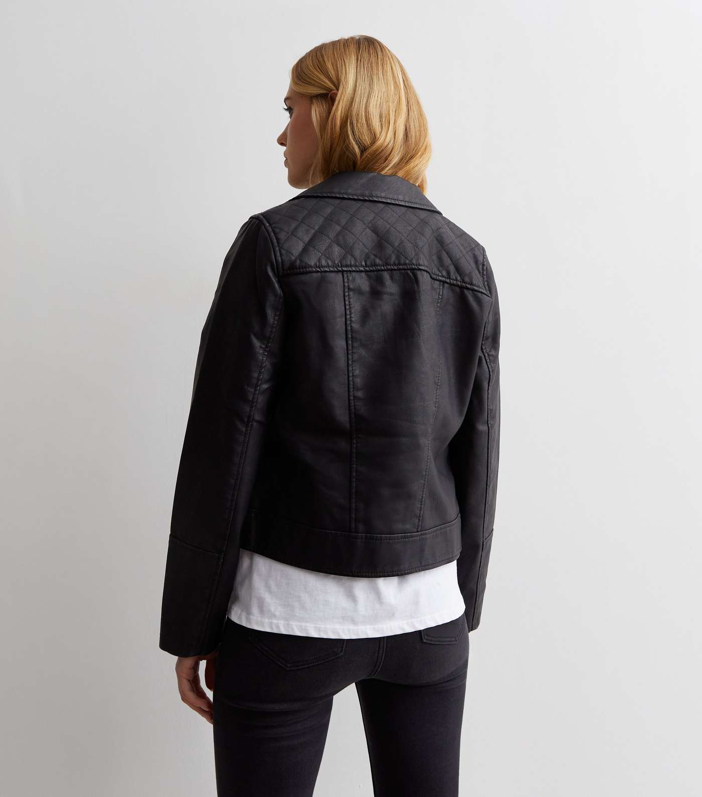 Black Leather-Look Quilted Biker Jacket Image 4