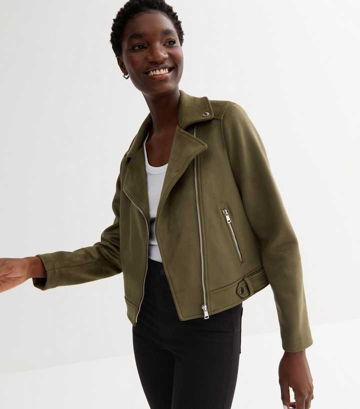 Khaki Suedette Biker Jacket | New Look